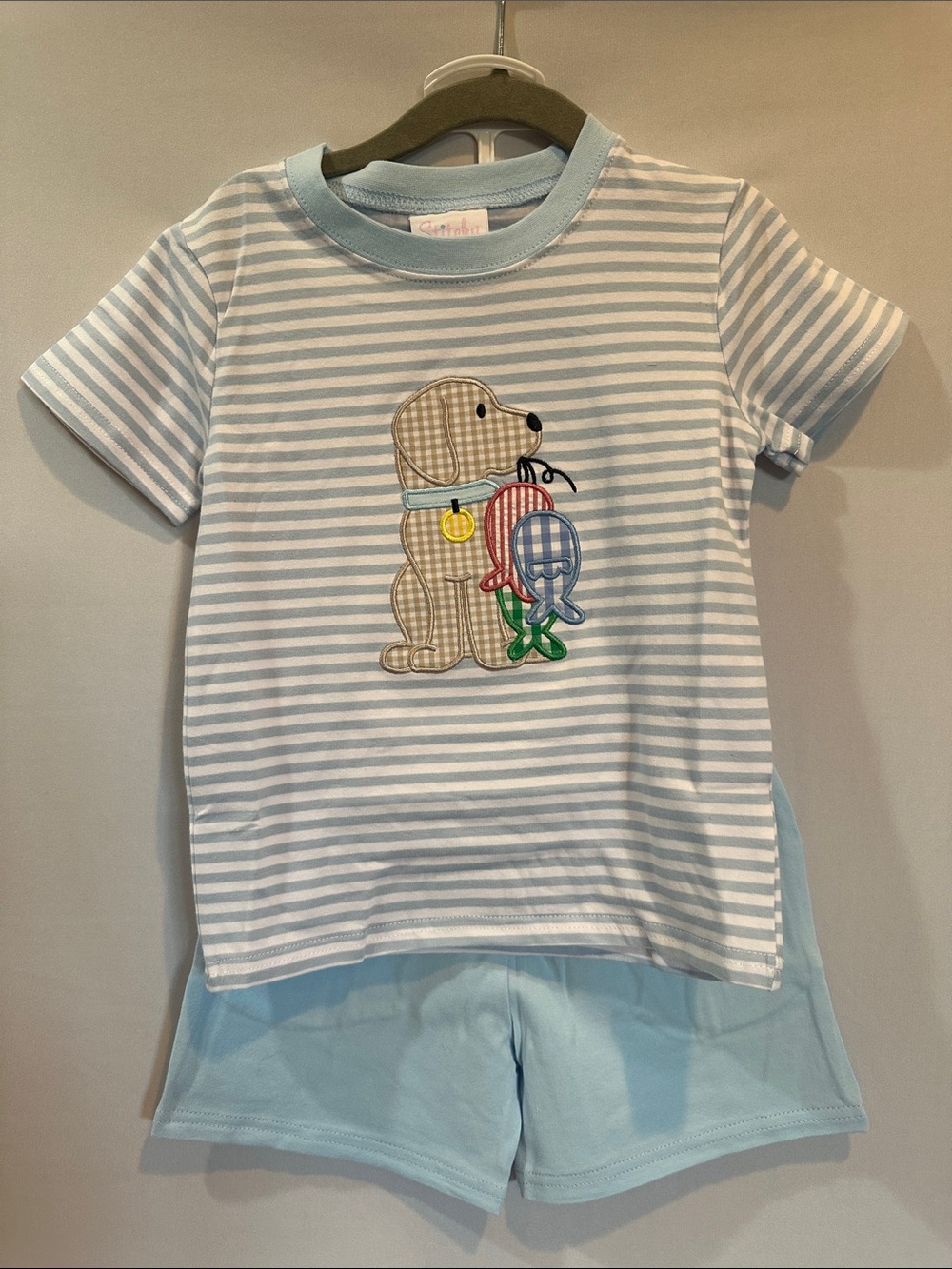 Light Blue Striped Puppy Appliqué Kids Pajama Set